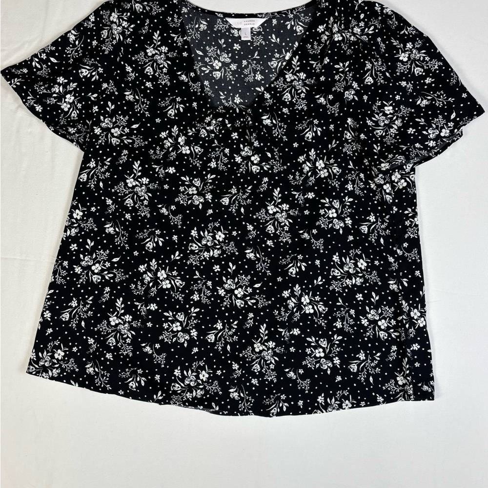 LC Lauren Conrad Black White Floral Tie Neck Blouse Size Large